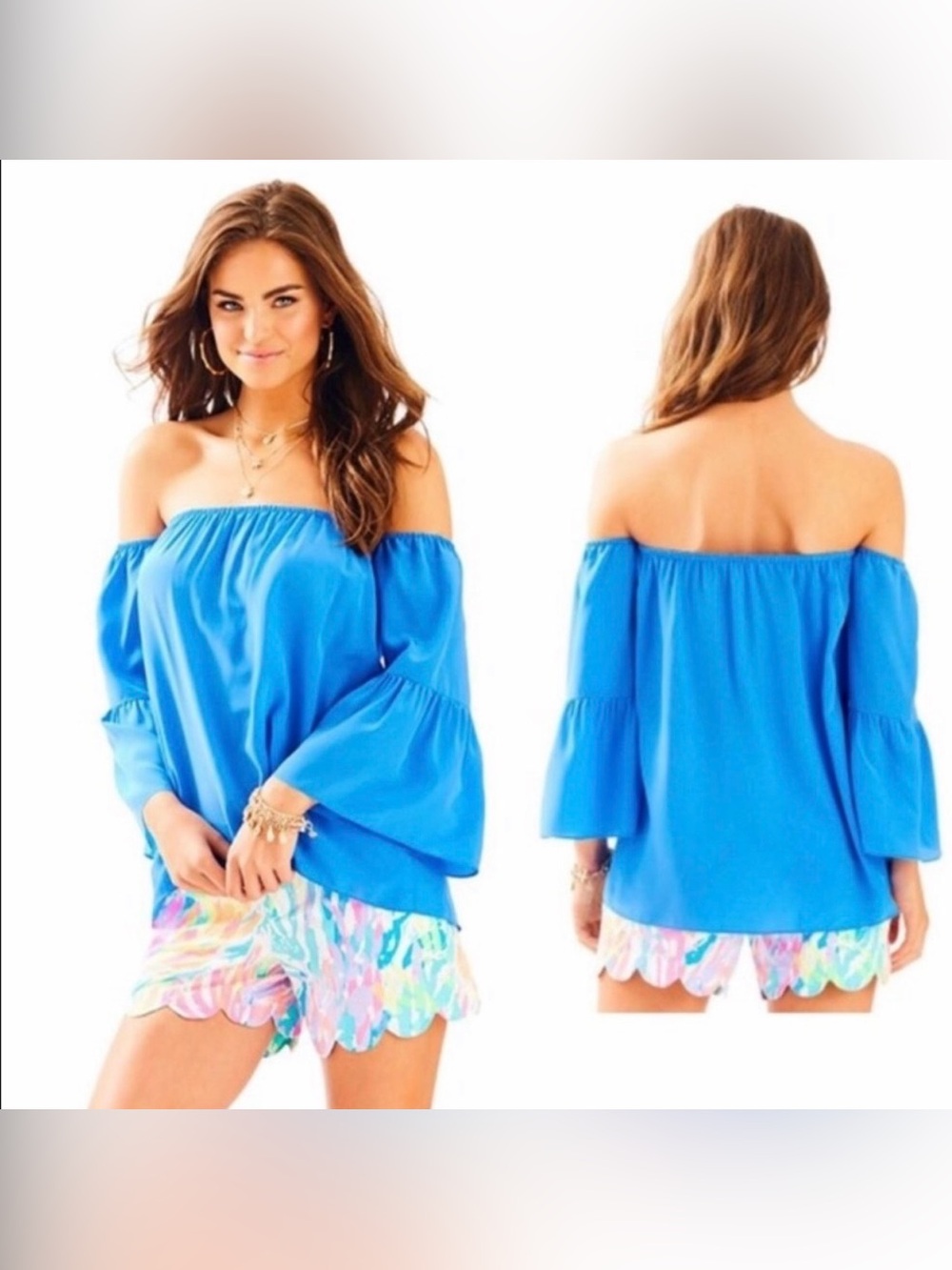 NWT Lilly Pulitzer Sanilla Silk Off The Shoulder Top Blue Size Small